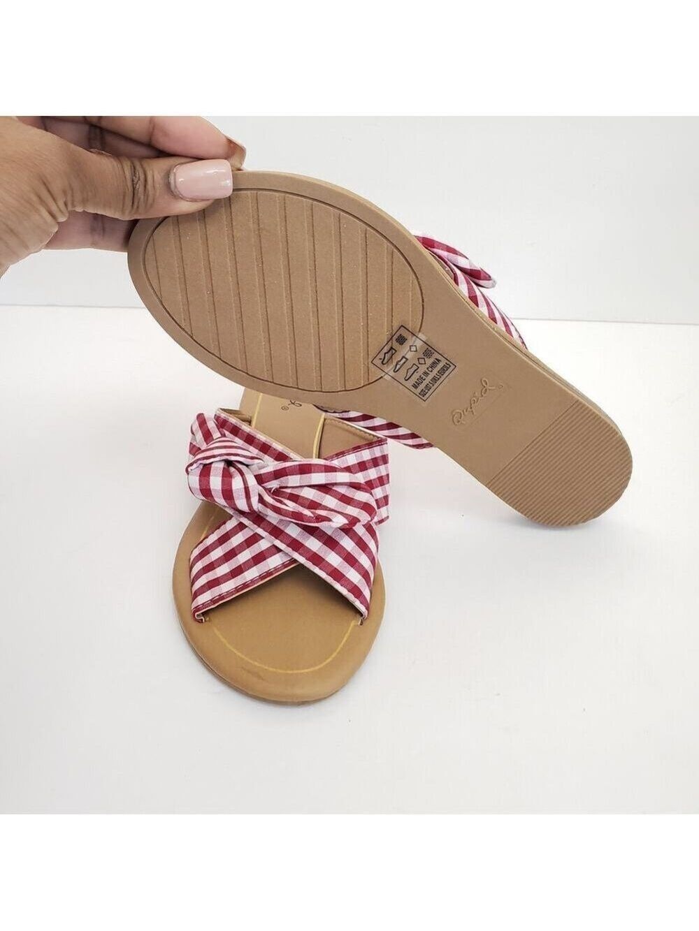 Qupid Striped Slip-On Flat Sandals with Bow Size 7 - Picture 7 of 9